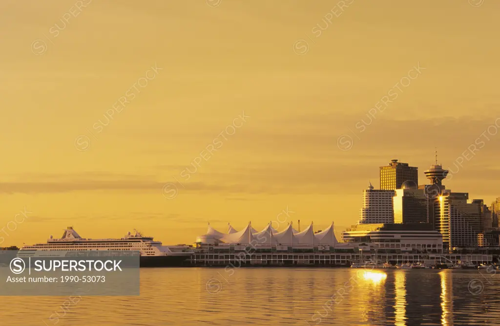 Canada Place and downtown at sunrise, Vancouver, British Columbia, Canada.