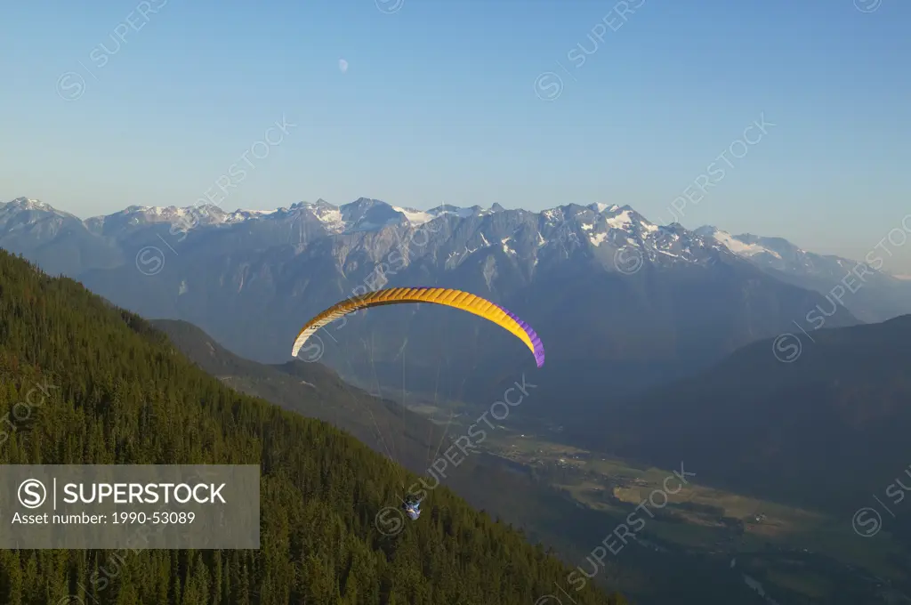 aerial of paragliding in the tantalus range near Whistler, british columbia, Canada.