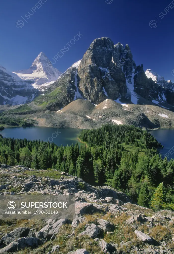 The Sunburst Valley, Sunburst and Cerulean Lakes, Wedgewood Peak and Mt. Assiniboine, Mount Assiniboine Provincial Park, British Columbia, Canada.