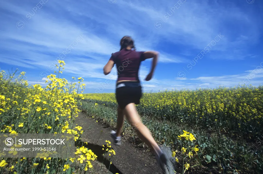 Woman running through Canola field, Alberta, Canada.