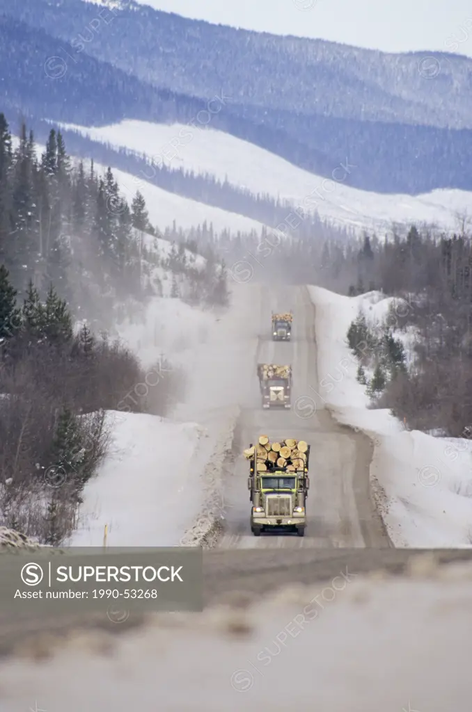 Logging trucks headed to mill, Bulkley Valley, British Columbia, Canada.