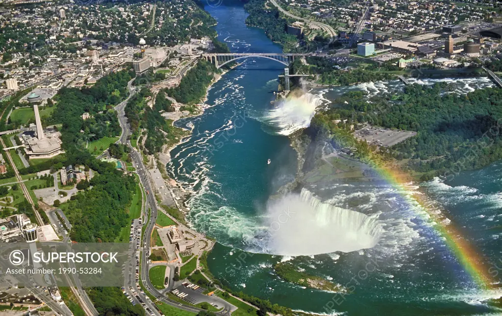 Aerial summer view of with the American Falls and adjacent Bridal Veil Falls seen in the background, and the Canadian Horseshoe Falls in the foregroun...