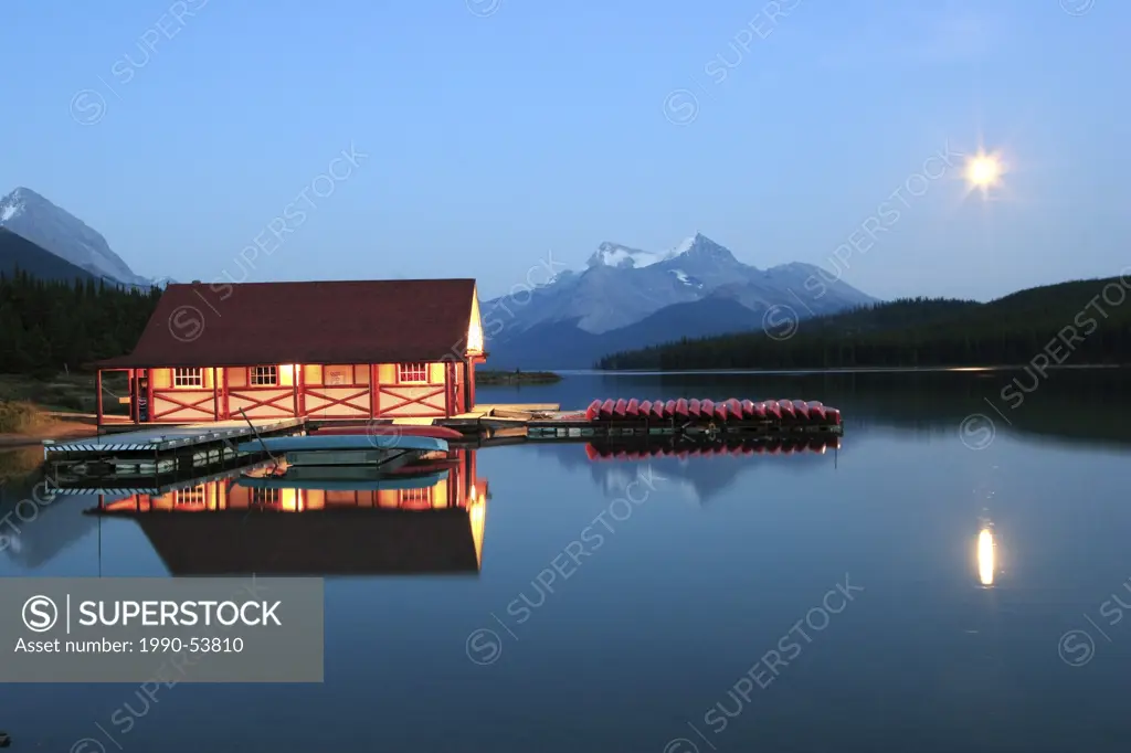 Maligne Lake boathouse in moonlight, Jasper National Park, Alberta, Canada