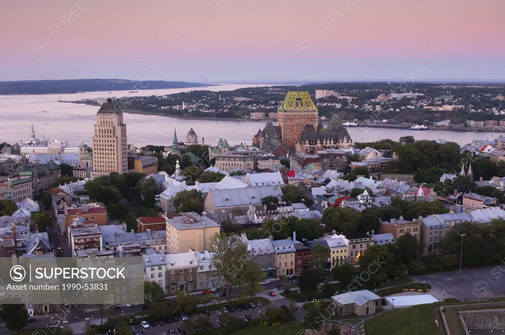 High viewpoint twilight view of Vieux_Quebec and Vieux_Port. the old sections of Quebec City, Quebec, Canada.