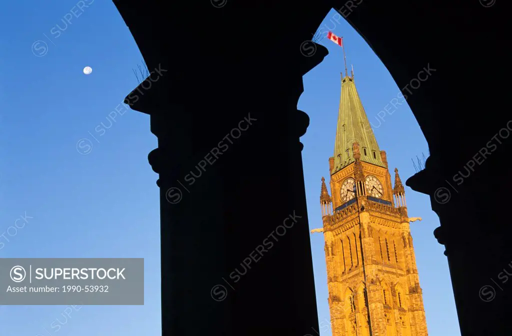 The Peace Tower of the Canadian Parliament Buildings, Ottawa, Ontario, Canada.
