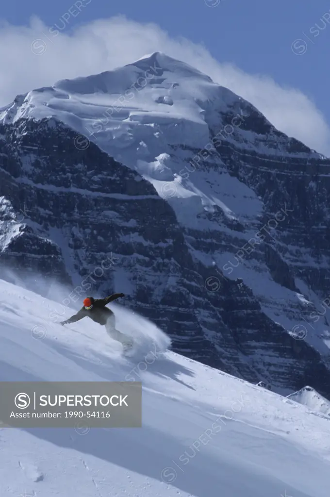 A snowboarder surfing the powder at Lake Louise, Temple Mountain, Banff National Park, Rocky Mountains, Alberta, Canada