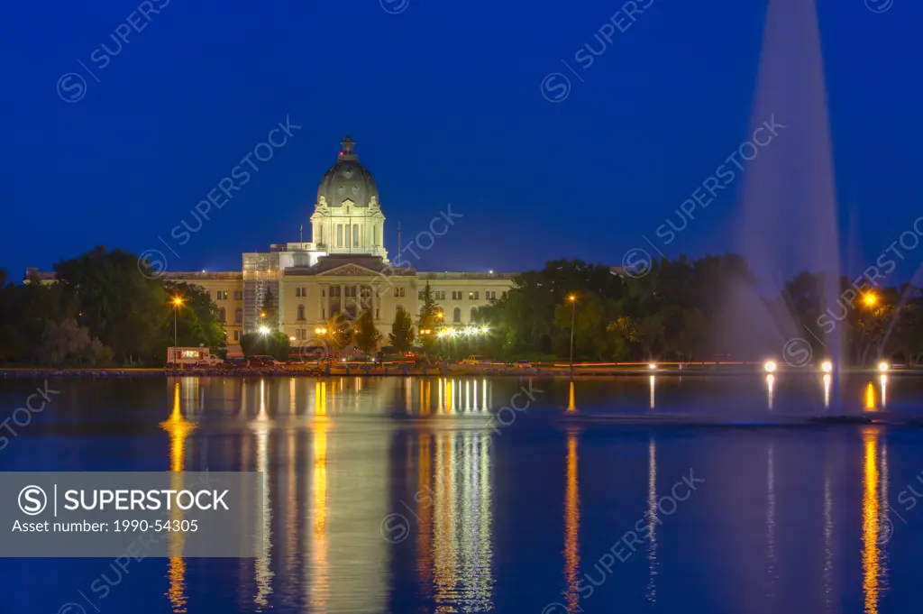 Legislative Building and fountain at night in Regina, Saskatchewan, Canada