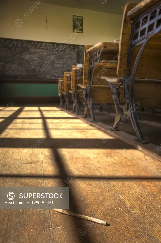 Pencil and desks in St. John´ s Schoolhouse, 1911 one room schoolhouse, Leader, Saskatchewan, Canada