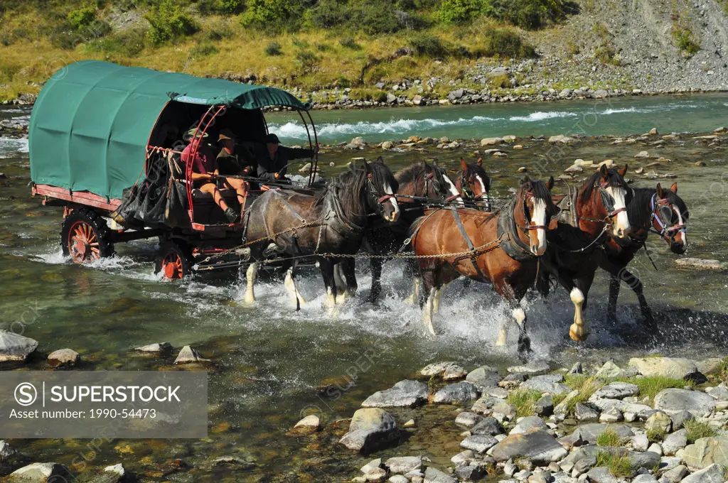 People in horse and wagon, Ahuriri River, South Island, New Zealand