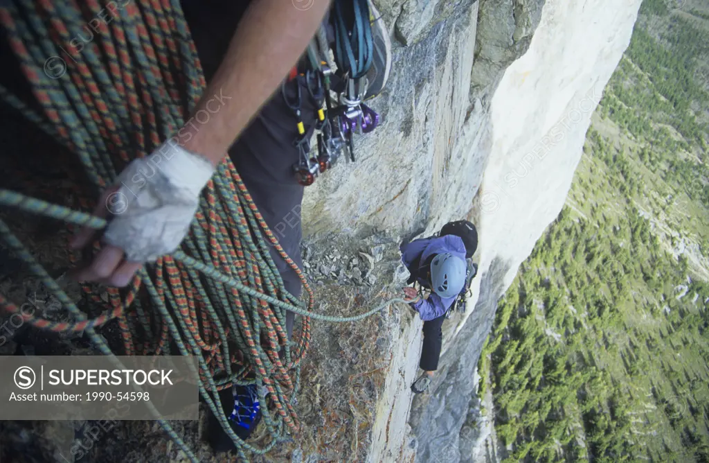 Don´t look down while rock climbing, Yamnuska, Alberta, Canda.