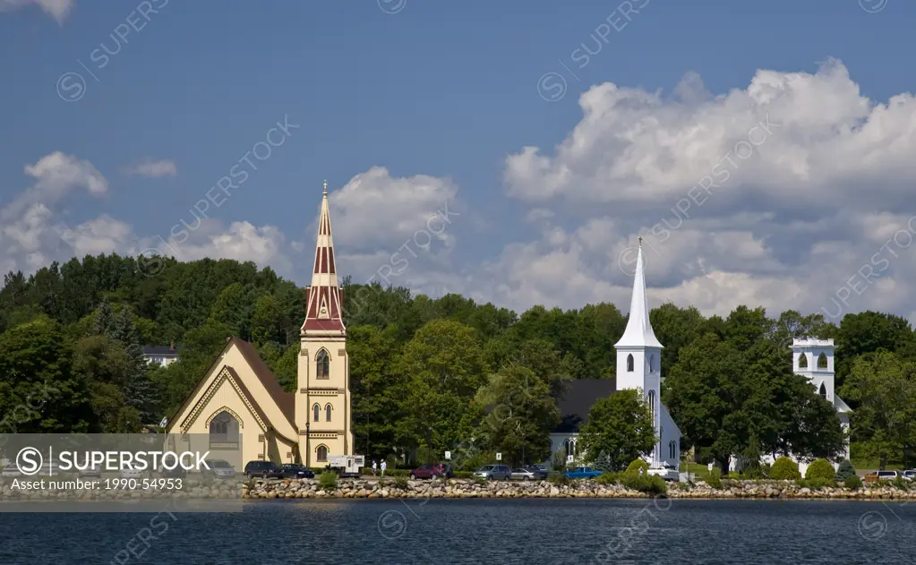 Three churches at Mahone Bay, Nova Scotia, Canada.