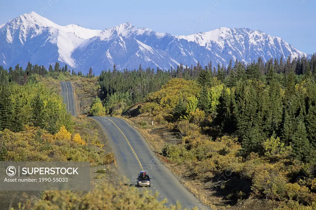 Alaska Highway and front range of St. Elaj Mountains, Kluane National Park, Yukon, Canada.