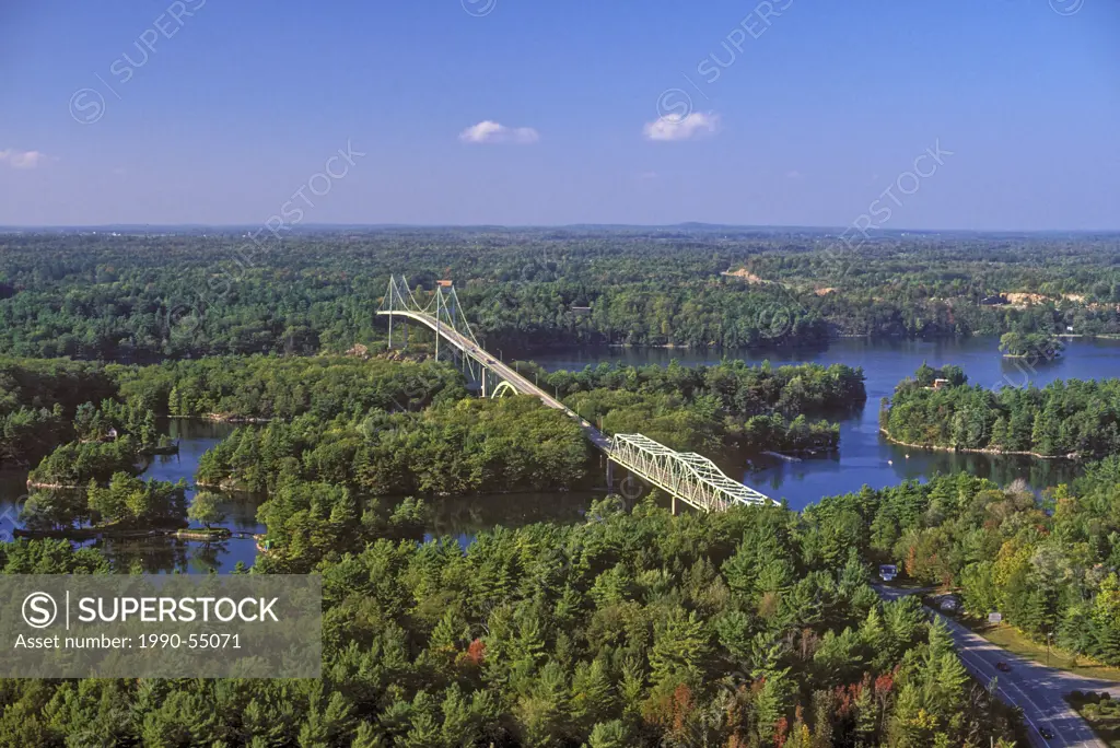 Thousand Islands International Bridge crosses over the St. Lawrence River between New York State, U.S.A. and Ontario, Canada.