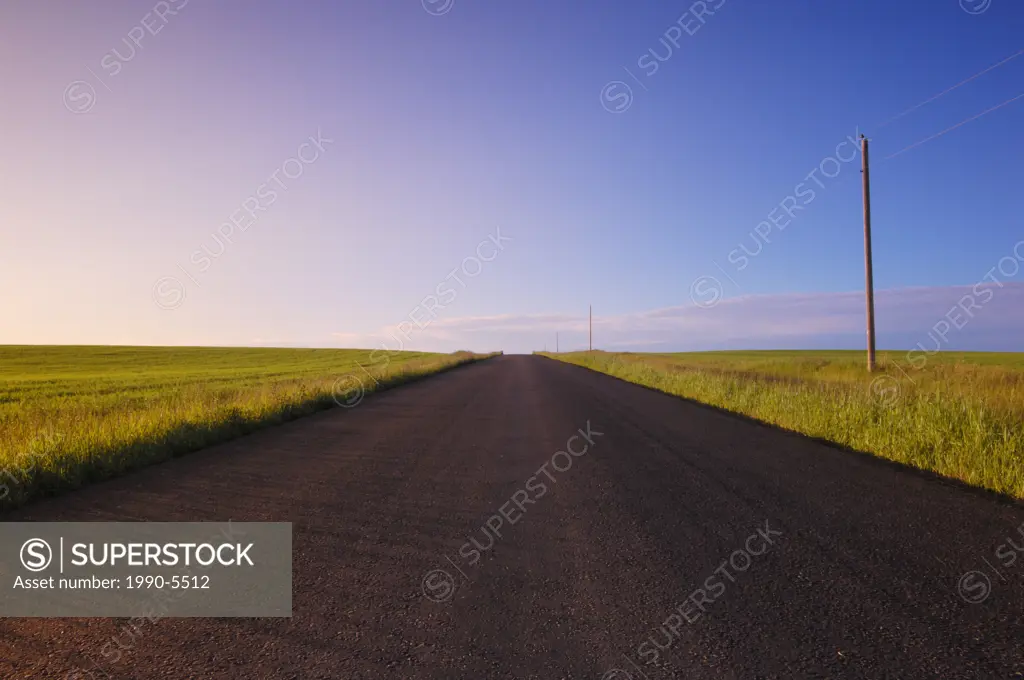 Newly paved country road in farmland area of Strathcona County East of Edmonton, Alberta, Canada