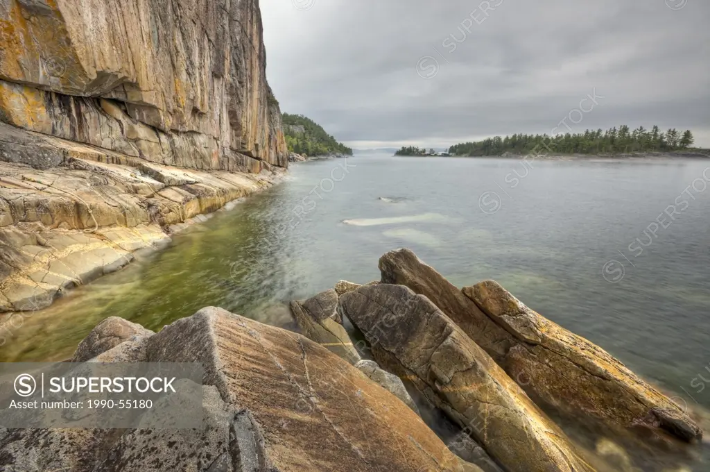 Agawa Rock along the Agawa Rock Pictographs Trail fringed by Lake Superior, Lake Superior Provincial Park, Ontario, Canada
