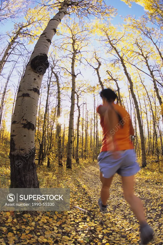 a young woman trail running near the base of Yamnuska mountain in the Canadian Rocky Mountains, Exshaw, Alberta, Canada.