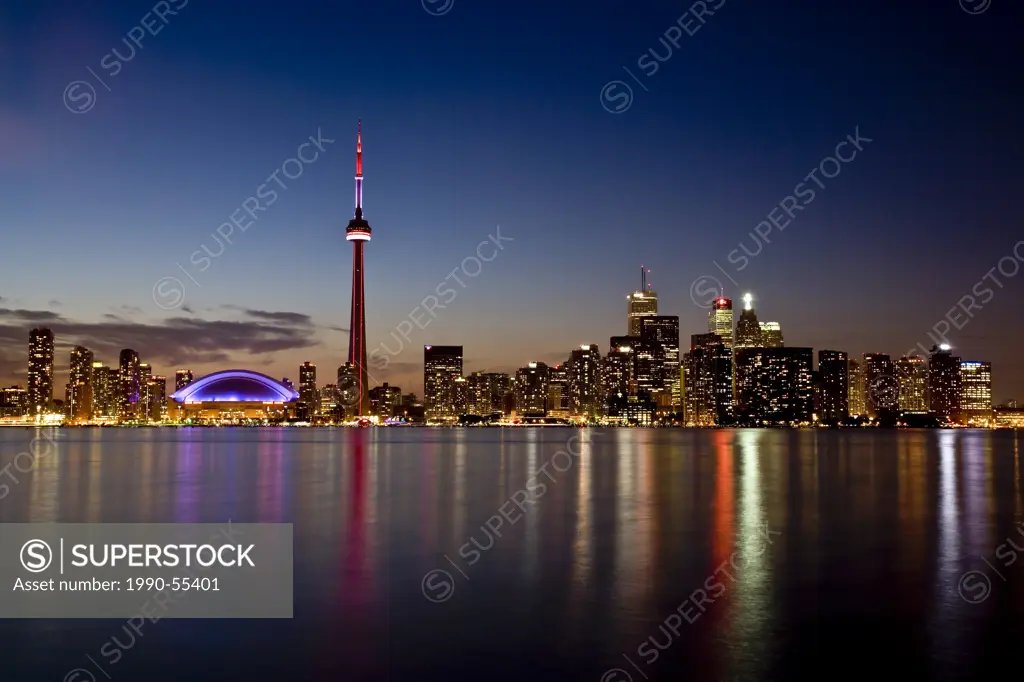 Toronto skyline at night viewed from Center Island, Toronto, Ontario, Canada.