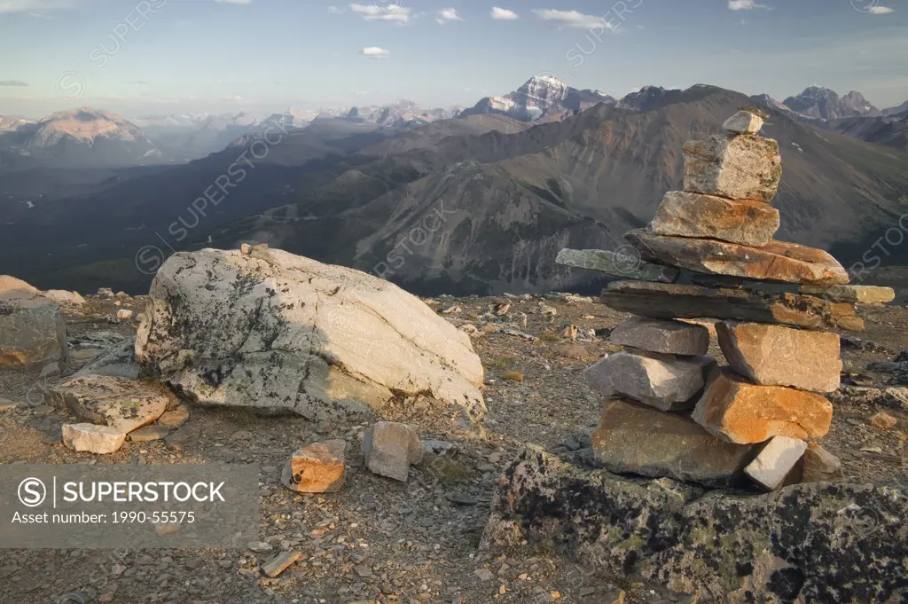 Cairn on Whistlers Mountain looking across to Marmot Mountain and Mt. Edith Cavell, Jasper National Park, Alberta, Canada