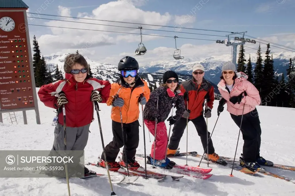 Family enjoying a day of skiing, Whistler, British Columbia, Canada.