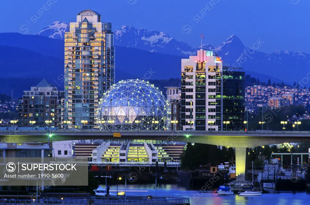 Science World at dusk located on False Creek in Vancouver, British Columbia, Canada