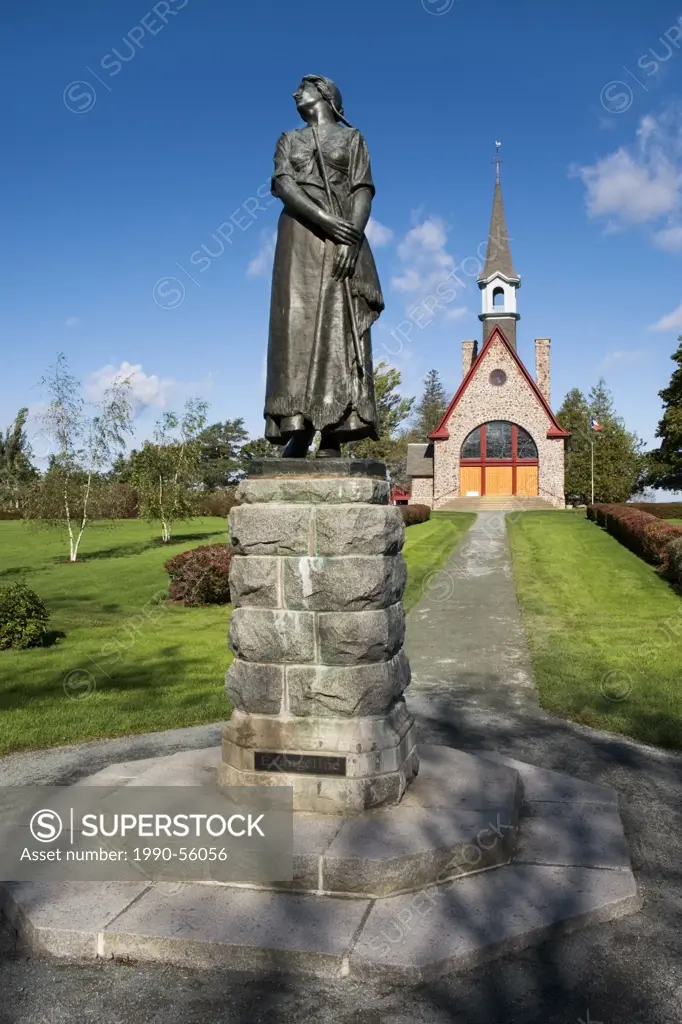 Acadian Church and Evangeline statue. Grand Pre National Historic Site, Nova Scotia, Canada.