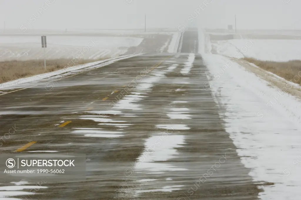Prairie snowstorm on Highway 13 and windswept snows, woodrow, saskatchewan, Canada.