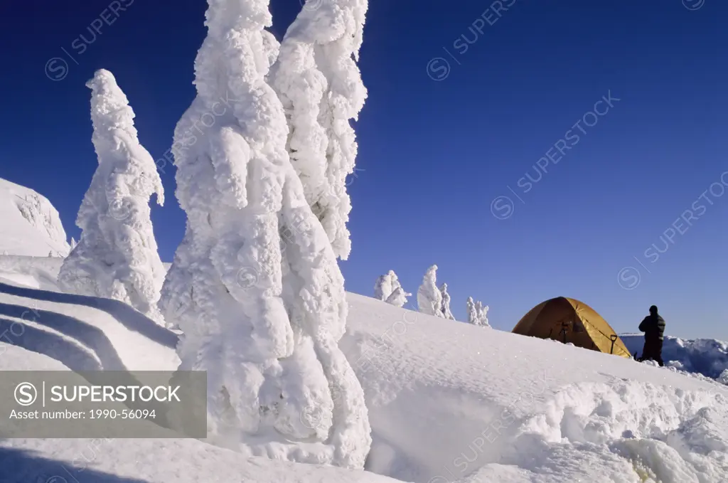 Tent and camper in snow, Mount Seymour Provincial Park, North Vancouver, British Columbia, Canada