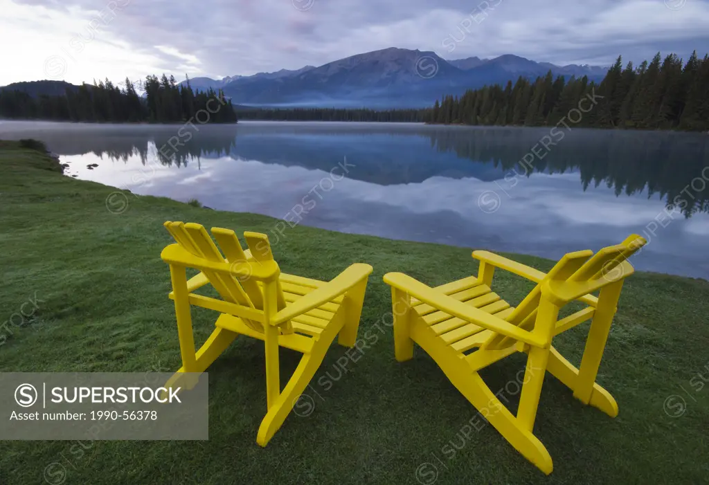 Lawn chairs, Lac Beauvert, Jasper National Park, Alberta, Canada