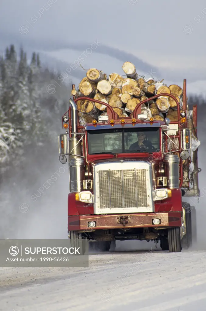 Logging truck in winter, Smithers, British Columbia, Canada.