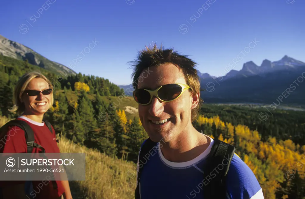 Happy hikers along the Benchlands Trail, Canadian Rockies, British Columbia, Canada.