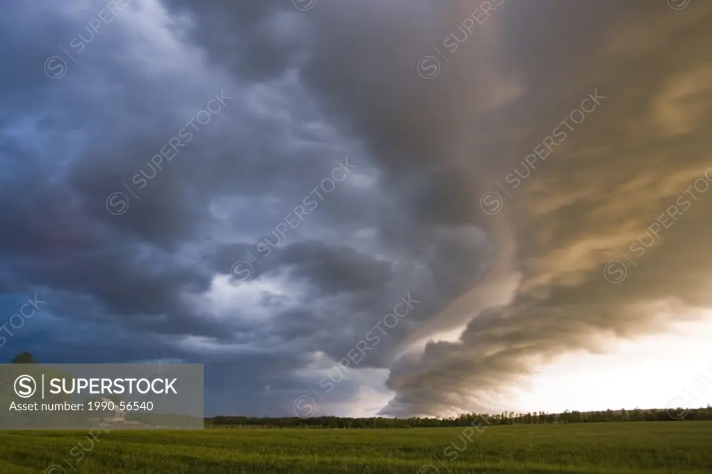A storm front with dramatic sunrise lighting, passes over a farmfield near Ferndale, Bruce Peninsula, Ontario, Canada.