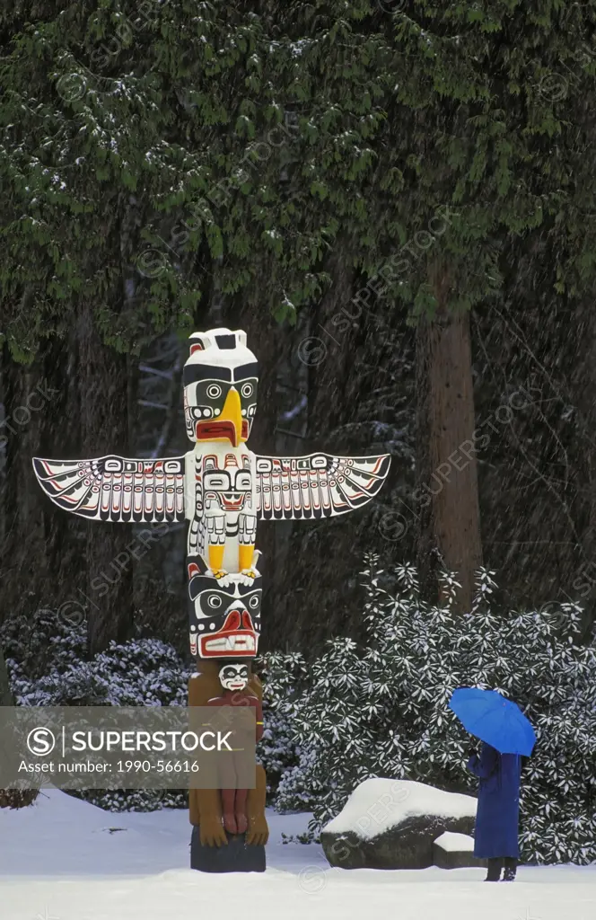 Stanley Park Totem Pole in winter, Vancouver, British Columbia, Canada.