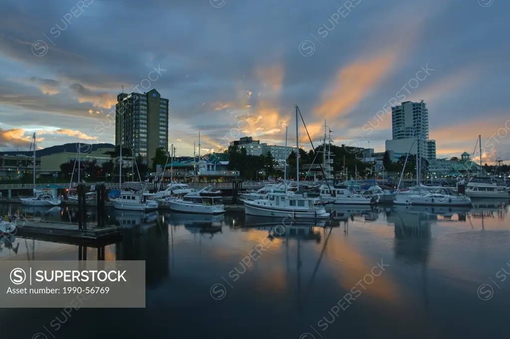 The Nanaimo waterfront and harbour at sunset. Nanaimo, Central Vancouver Island, British Columbia, Canada.
