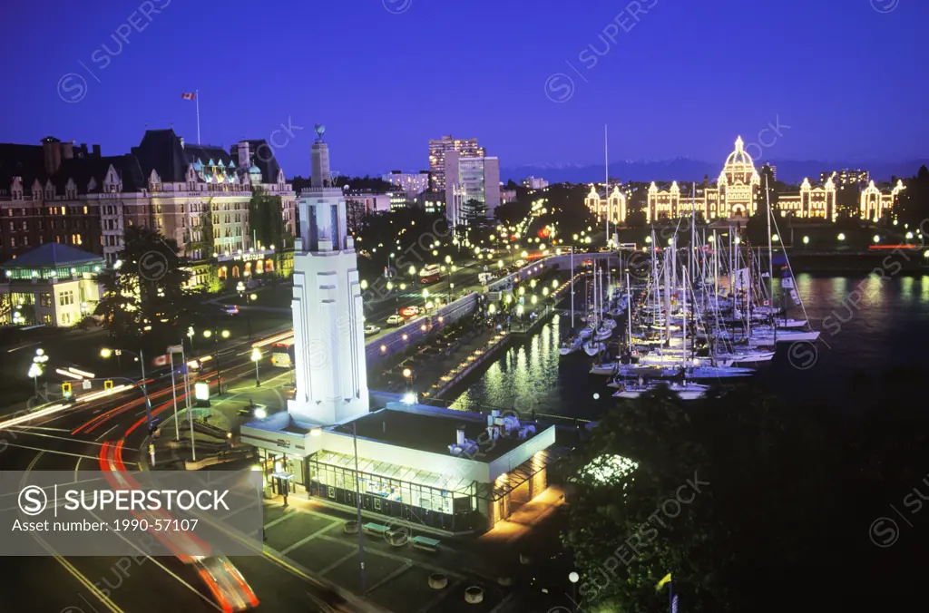 Inner harbour at dusk, wide view, Victoria, Vancouver Island, British Columbia, Canada.