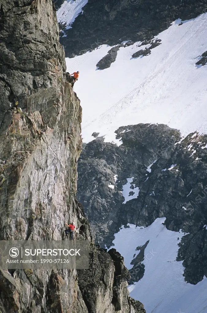 Climbers on Showcase Spire, Blackcomb Mountain, Whistler, British Columbia, Canada.