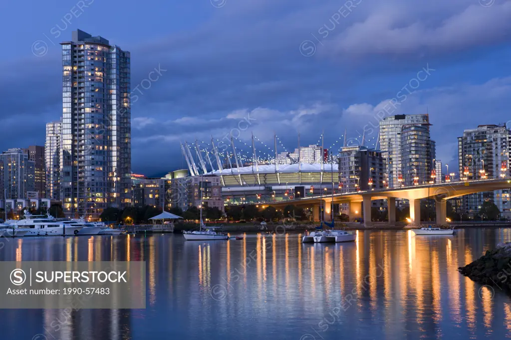Cambie Bridge, city skyline with new retractable roof on BC Place Stadium, False Creek, Vancouver, British Columbia, Canada