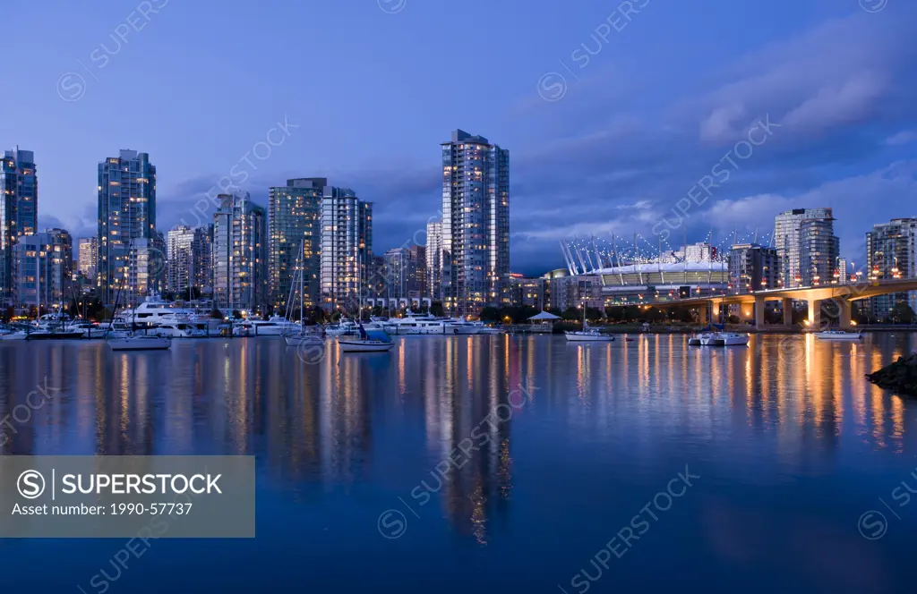 Cambie Bridge, city skyline with new retractable roof on BC Place Stadium, False Creek, Vancouver, British Columbia, Canada