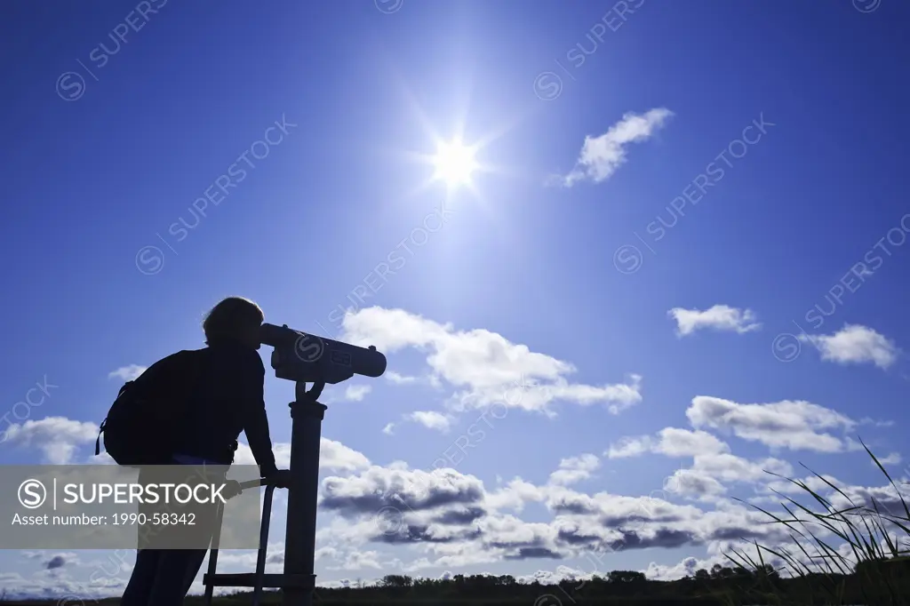 Woman looking through a telescope, bird watching, Grassy Narrows Marsh, Hecla Island Provincial Park, Manitoba, Canada.