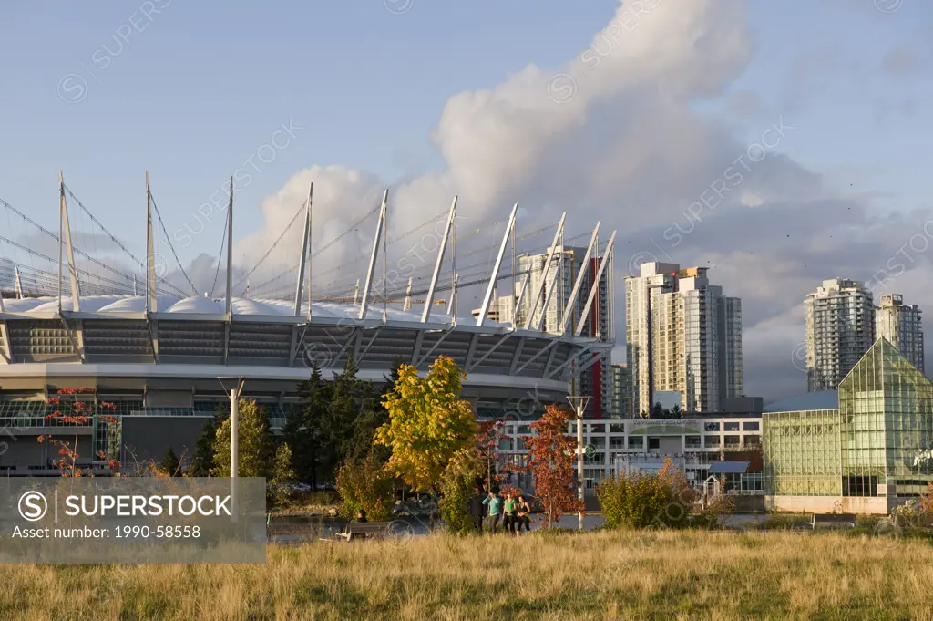 City skyline with new retractable roof on BC Place Stadium, False Creek, Vancouver, British Columbia, Canada