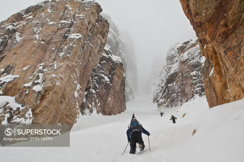 Three backcountry skiers bootpack up a couloir on Bow Peak, Icefields Parkway, Banff National Park, Alberta, Canada