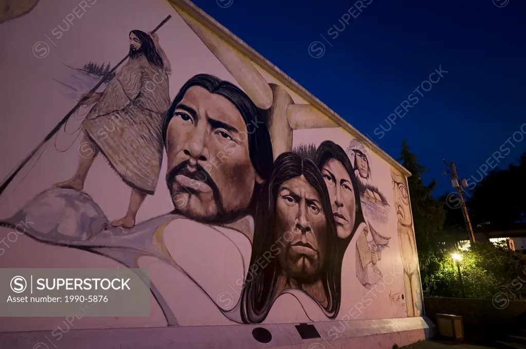 Famous First Nations mural photographed at night in Chemainus, Vancouver Island, British Columbia, Canada