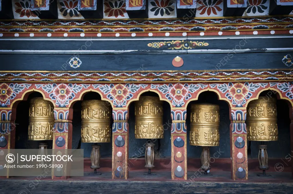 Prayer wheels at Trashichodzong Dzong, or the fortress of the glorious religion, which is the government and monastic headquarters in the capital city...