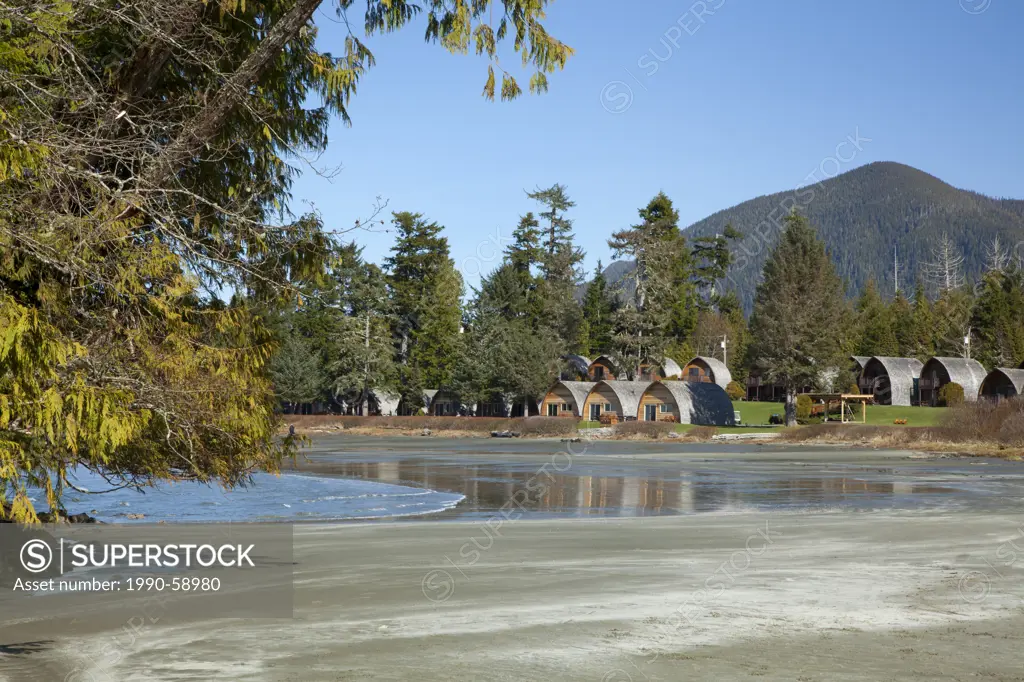 Rental cabins and accommodation at MacKenzie Beach near Tofino, British Columbia, Canada on Vancouver Island in Clayoquot Sound UNESCO Biosphere Reser...
