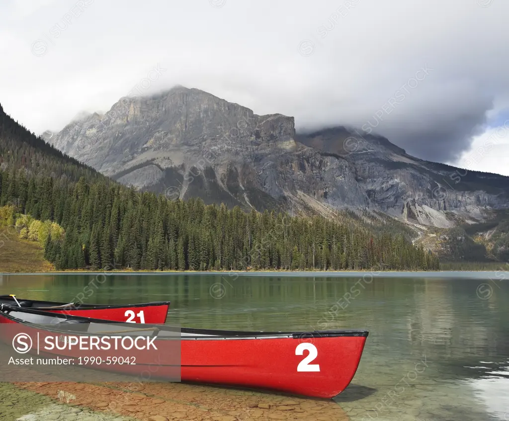 Canoes on Emerald Lake, Yoho National Park, British Columbia, Canada