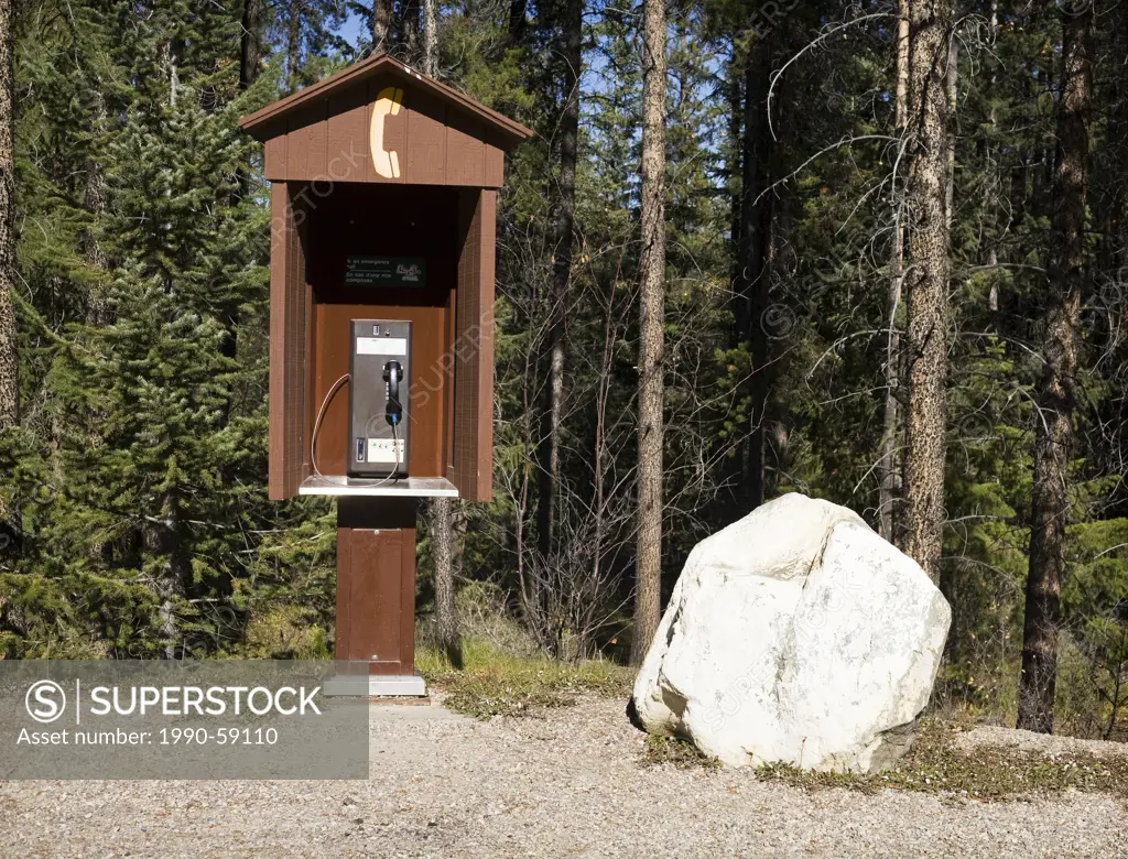 Outdoor pay phone near hiking trail, Jasper National Park, Alberta, Canada.