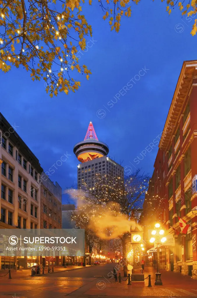 Christmas lights at Harbour Centre and the Steam Clock, Gastown, Vancouver, British Columbia, Canada