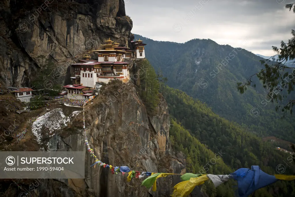 Taktsang Tigers Nest Monastery looms above Paro, Bhutan