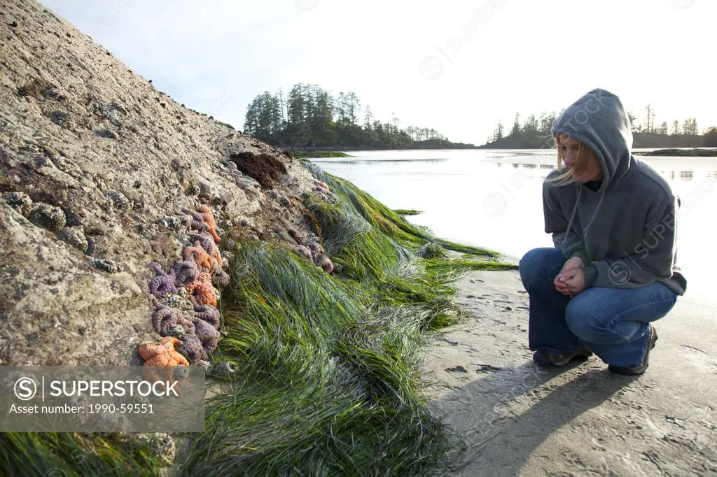 A woman looks at sea stars and starfish at Schooner Cove near Long Beach in Pacific Rim National Park near Tofino, British Columbia, Canada on Vancouv...