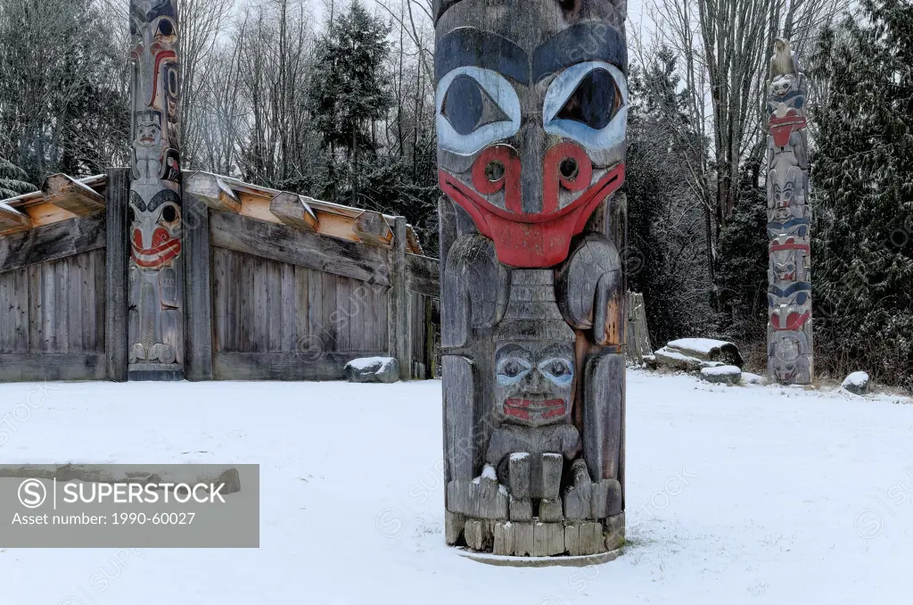 Totem poles and longhouse, Museum of Anthropology, MOA. University of British Columbia, Vancouver, British Columbia, Canada