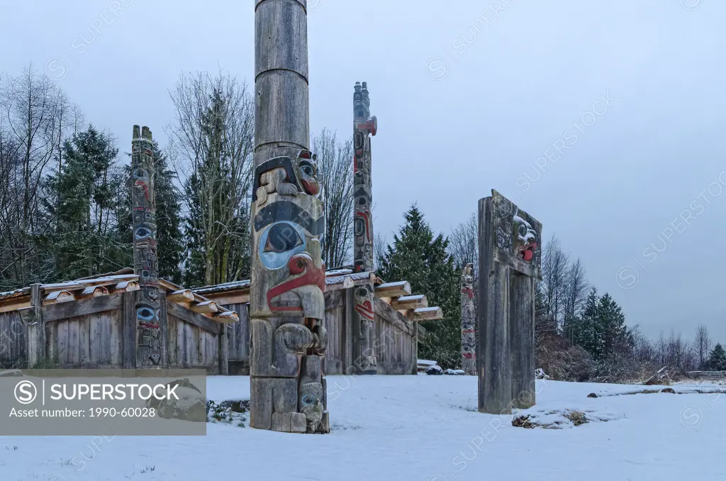 Totem poles and longhouse in Winter, Museum of Anthropology, MOA, University of British Columbia, Vancouver, British Columbia, Canada